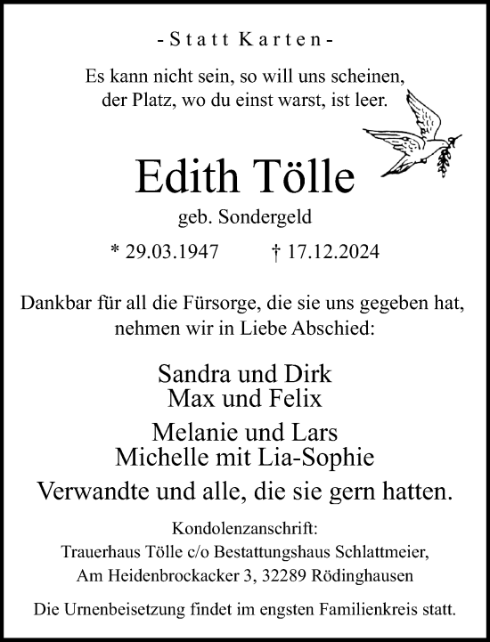 Traueranzeige von Edith Tölle von Neue Westfälische