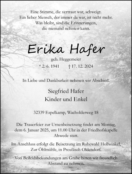 Traueranzeige von Erika Hafer von Neue Westfälische