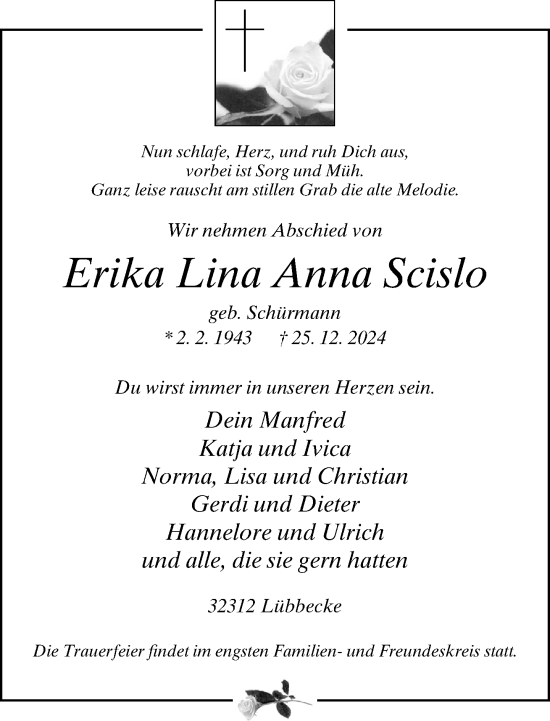 Traueranzeige von Erika Lina Anna Scislo von Neue Westfälische