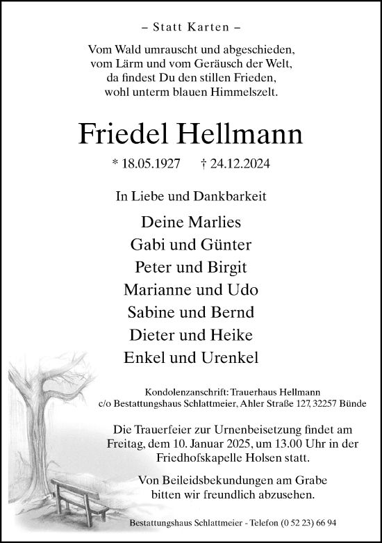 Traueranzeige von Friedel Hellmann von Neue Westfälische