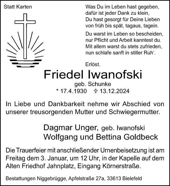 Traueranzeige von Friedel Iwanofski von Neue Westfälische