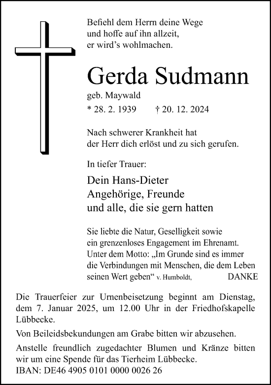 Traueranzeige von Gerda Sudmann von Neue Westfälische