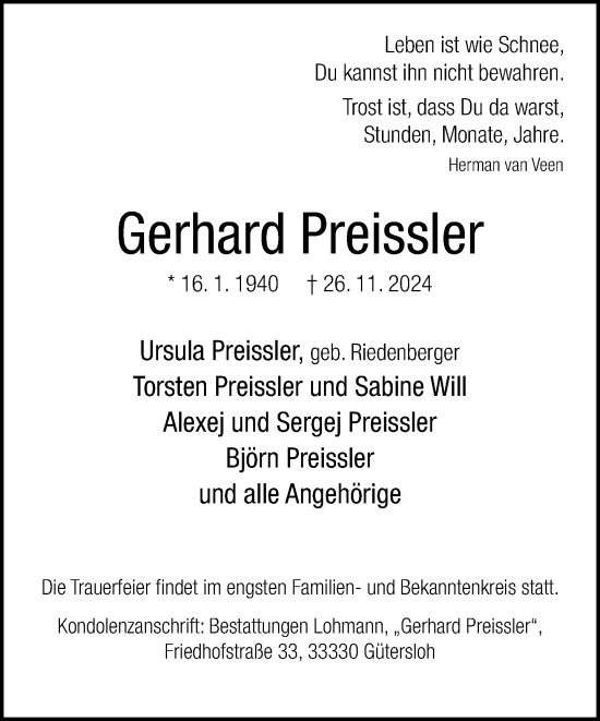 Traueranzeige von Gerhard Preissler von Neue Westfälische