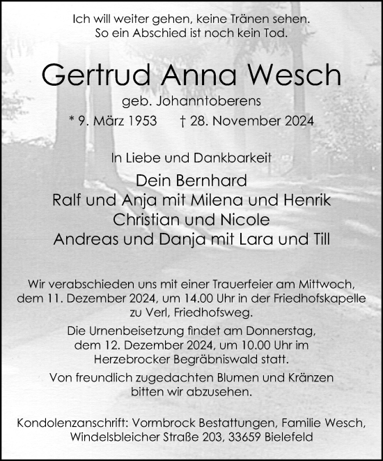 Traueranzeige von Gertrud Anna Wesch von Neue Westfälische