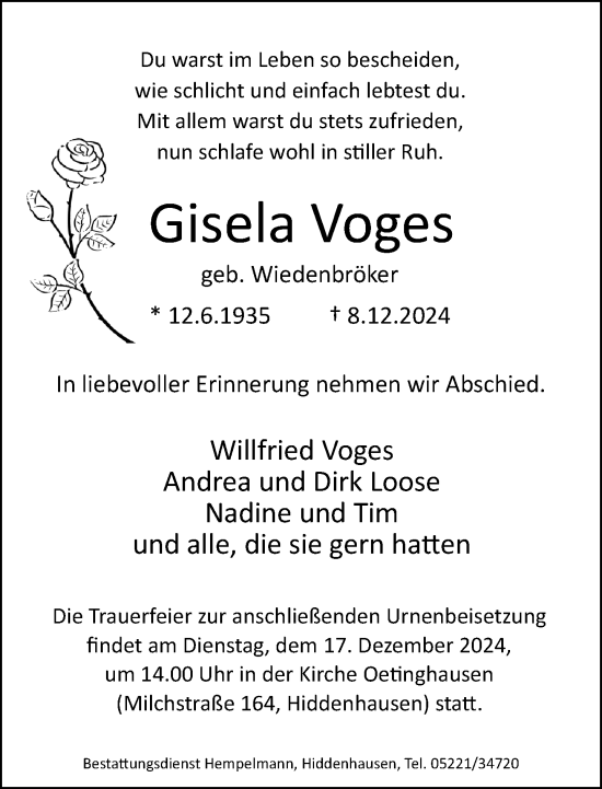 Traueranzeige von Gisela Voges von Neue Westfälische