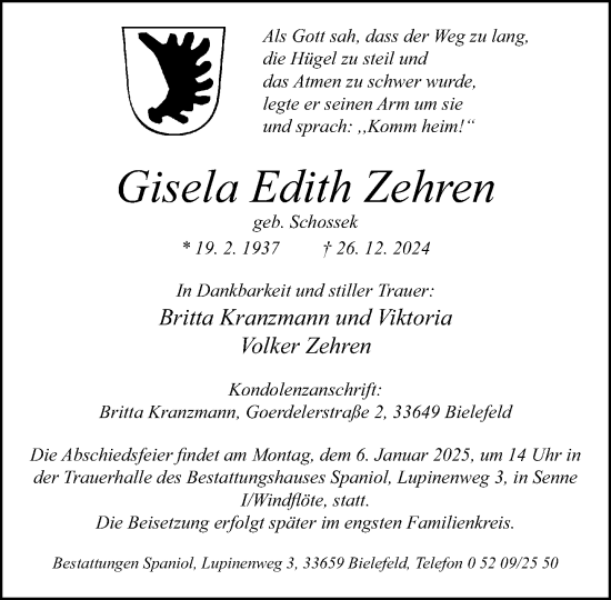 Traueranzeige von Gisela Edith Zehren von Neue Westfälische