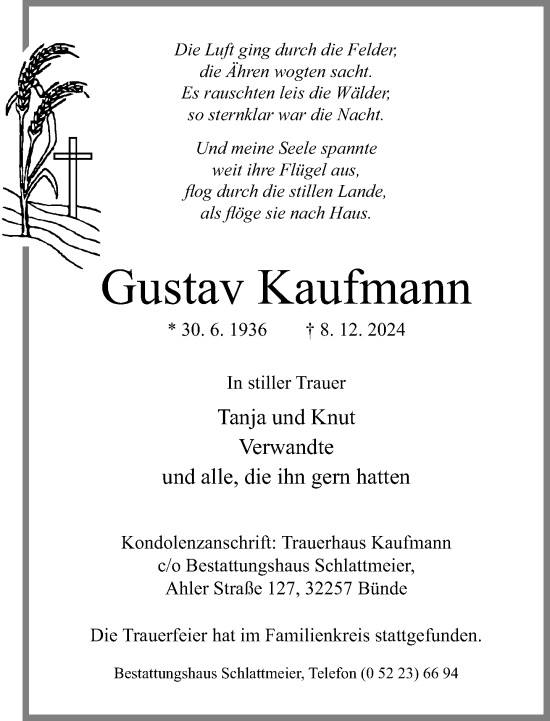 Traueranzeige von Gustav Kaufmann von Neue Westfälische