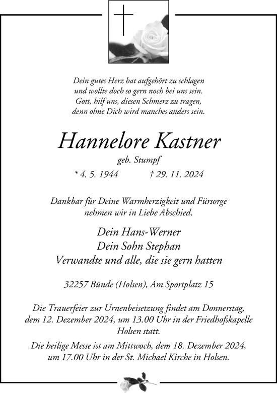 Traueranzeige von Hannelore Kastner von Neue Westfälische