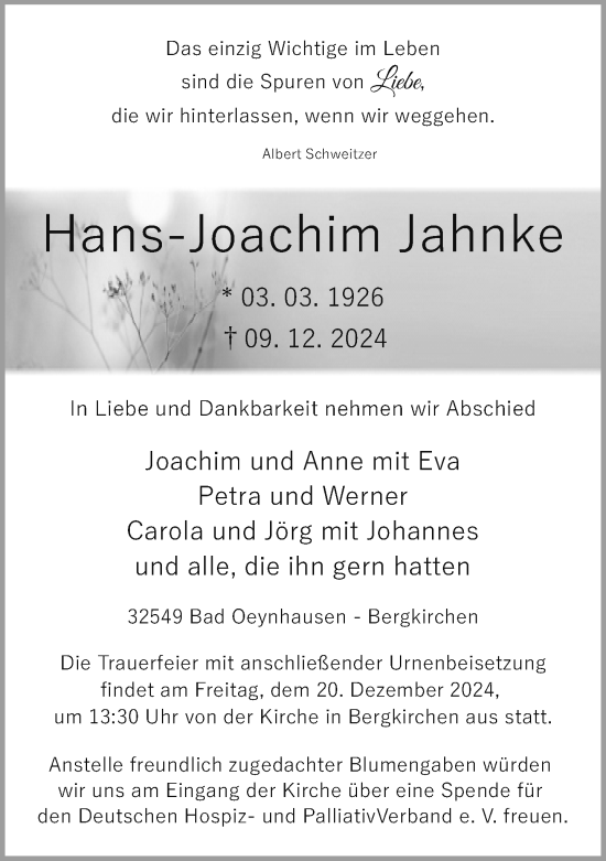 Traueranzeige von Hans-Joachim Jahnke von Neue Westfälische