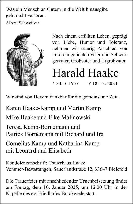 Traueranzeige von Harald Haake von Neue Westfälische