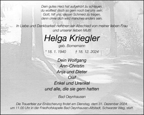 Traueranzeige von Helga Kriegler von Neue Westfälische