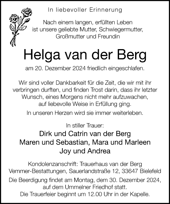 Traueranzeige von Helga van der Berg von Neue Westfälische