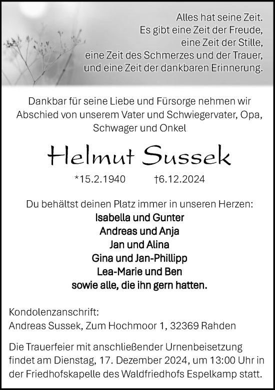 Traueranzeige von Helmut Sussek von Neue Westfälische