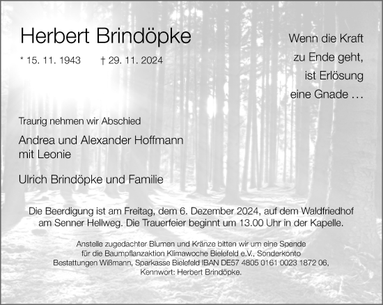 Traueranzeige von Herbert Brindöpke von Neue Westfälische