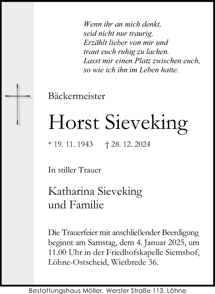  Traueranzeige für Horst Sieveking vom 31.12.2024 aus Neue Westfälische