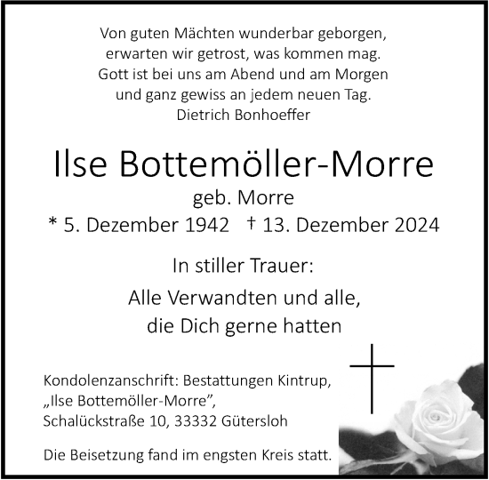 Traueranzeige von Ilse Bottemöller-Morre von Neue Westfälische