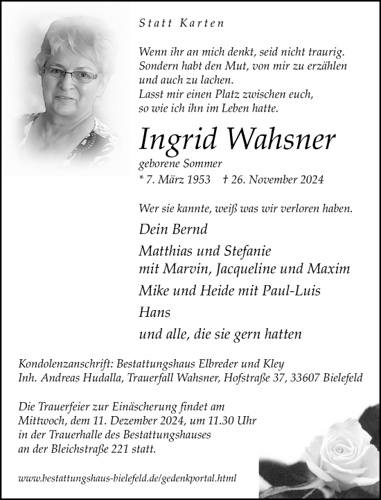 Traueranzeige von Ingrid Wahsner von Neue Westfälische