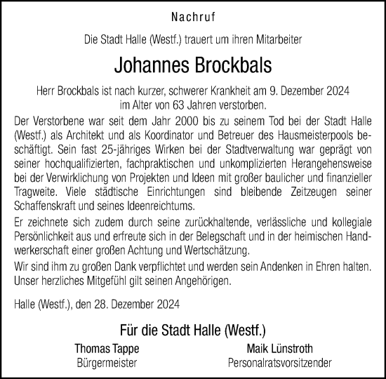 Traueranzeige von Johannes Brockbals von Neue Westfälische