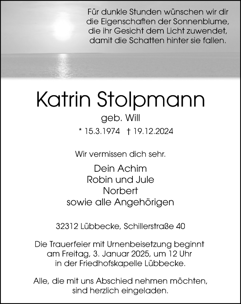  Traueranzeige für Katrin Stolpmann vom 24.12.2024 aus Neue Westfälische