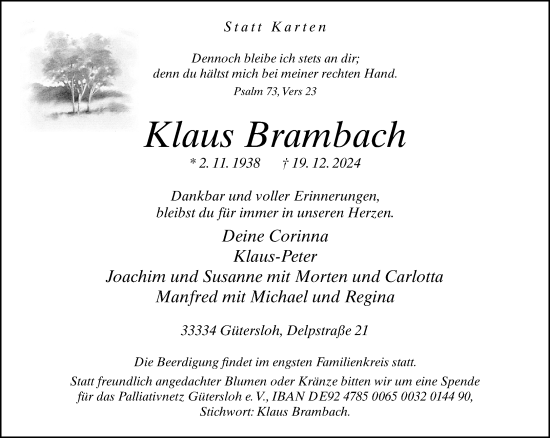 Traueranzeige von Klaus Brambach von Neue Westfälische