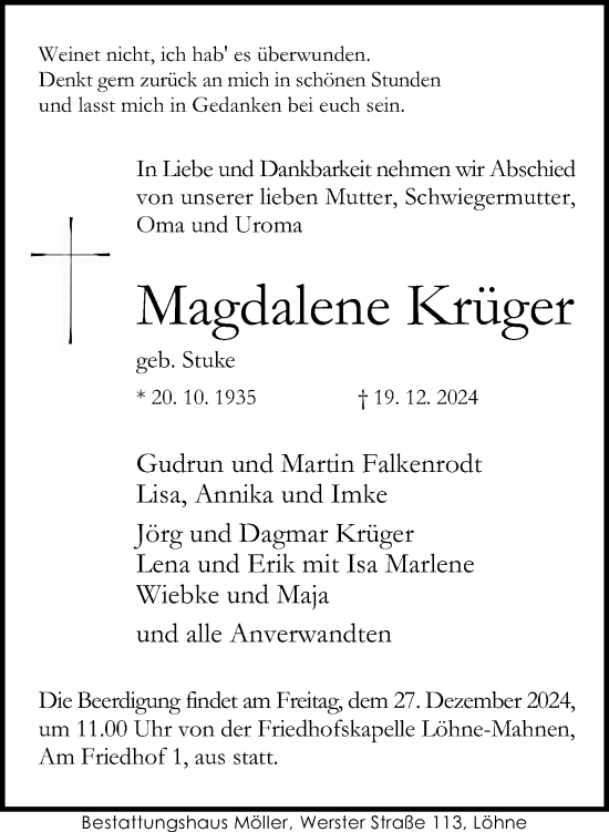 Traueranzeige von Magdalene Krüger von Neue Westfälische