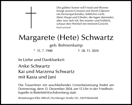 Traueranzeige von Margarete Schwartz von Neue Westfälische