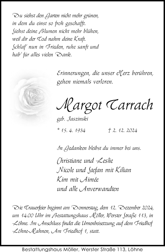 Traueranzeige von Margot Tarrach von Neue Westfälische