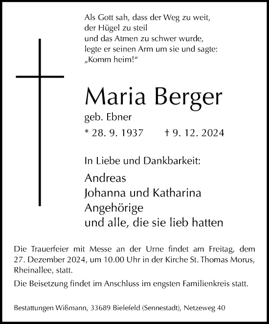 Traueranzeige von Maria Berger von Neue Westfälische