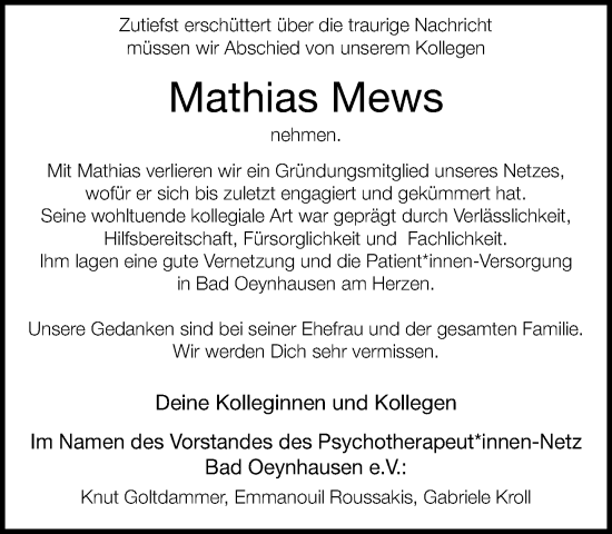 Traueranzeige von Mathias Mews von Neue Westfälische