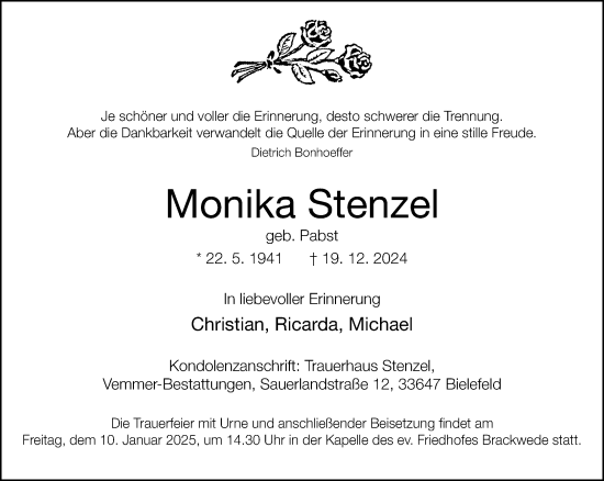 Traueranzeige von Monika Stenzel von Neue Westfälische