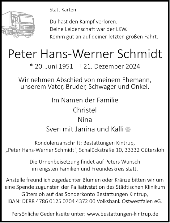 Traueranzeige von Peter Hans-Werner Schmidt von Neue Westfälische