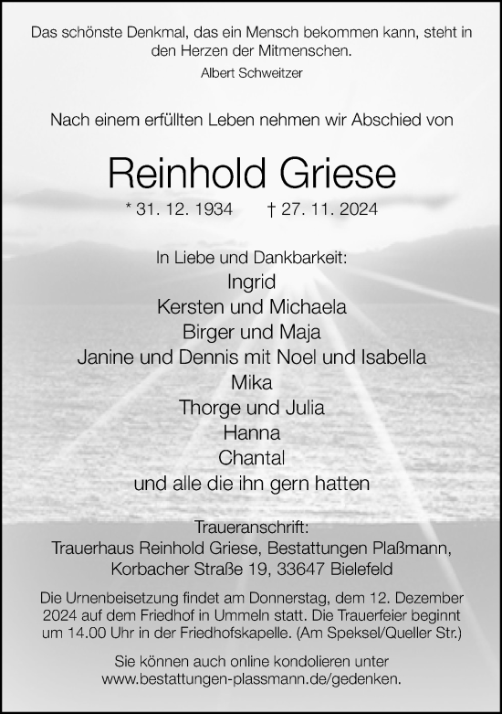 Traueranzeige von Reinhold Griese von Neue Westfälische