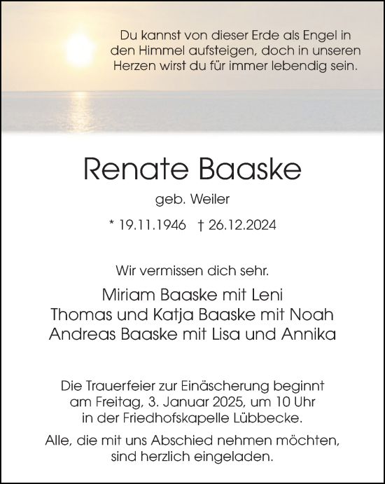 Traueranzeige von Renate Baaske von Neue Westfälische