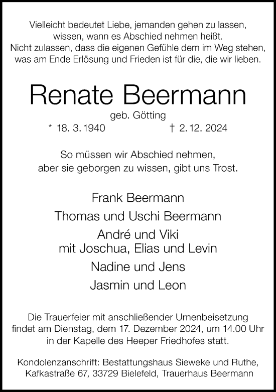 Traueranzeige von Renate Beermann von Neue Westfälische