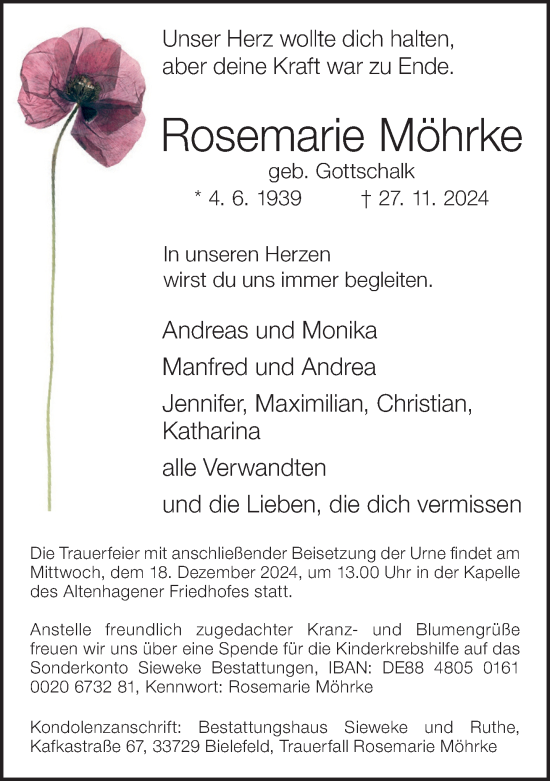 Traueranzeige von Rosemarie Möhrke von Neue Westfälische