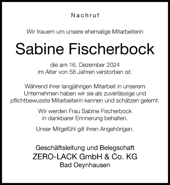 Traueranzeige von Sabine Fischerbock von Neue Westfälische