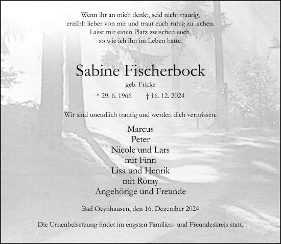 Traueranzeige von Sabine Fischerbock von Neue Westfälische