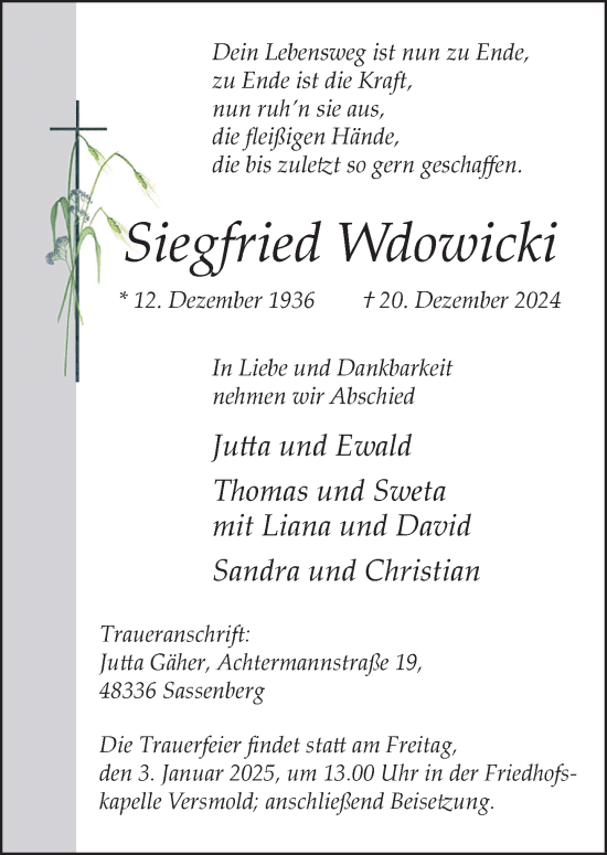 Traueranzeige von Siegfried Wdowicki von Neue Westfälische