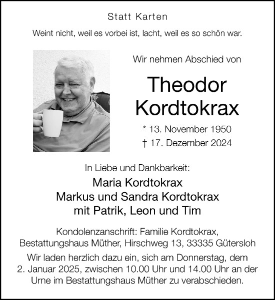 Traueranzeige von Theodor Kordtokrax von Neue Westfälische