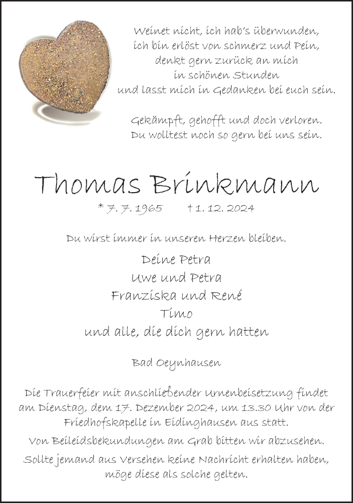  Traueranzeige für Thomas Brinkmann vom 07.12.2024 aus Neue Westfälische