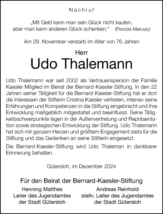 Traueranzeige von Udo Thalemann von Neue Westfälische