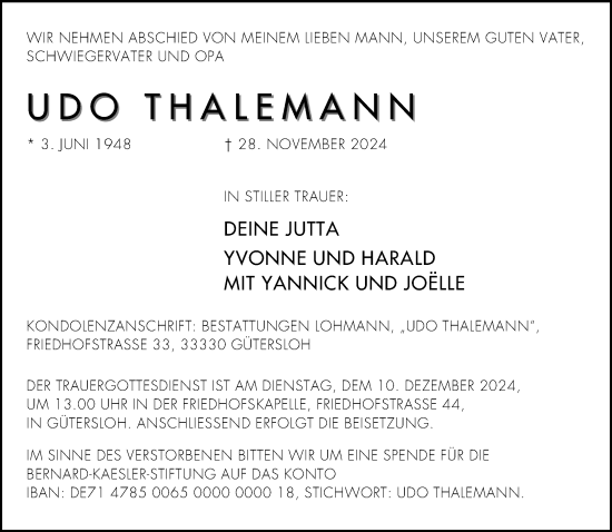 Traueranzeige von Udo Thalemann von Neue Westfälische