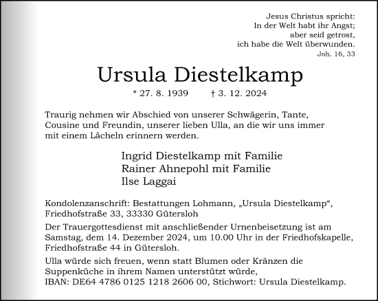 Traueranzeige von Ursula Diestelkamp von Neue Westfälische