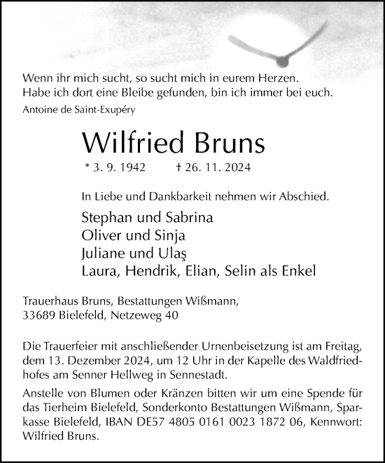 Traueranzeige von Wilfried Bruns von Neue Westfälische