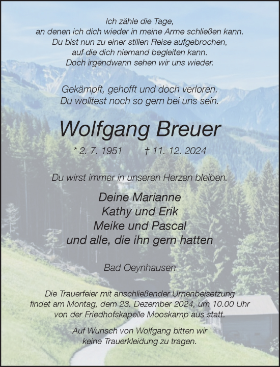 Traueranzeige von Wolfgang Breuer von Neue Westfälische