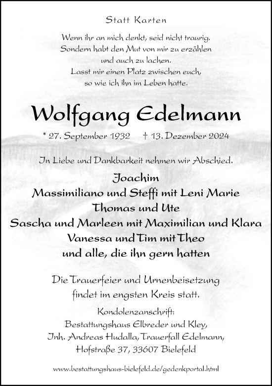 Traueranzeige von Wolfgang Edelmann von Neue Westfälische