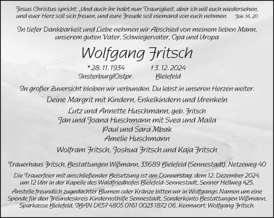 Traueranzeige von Wolfgang Fritsch von Neue Westfälische