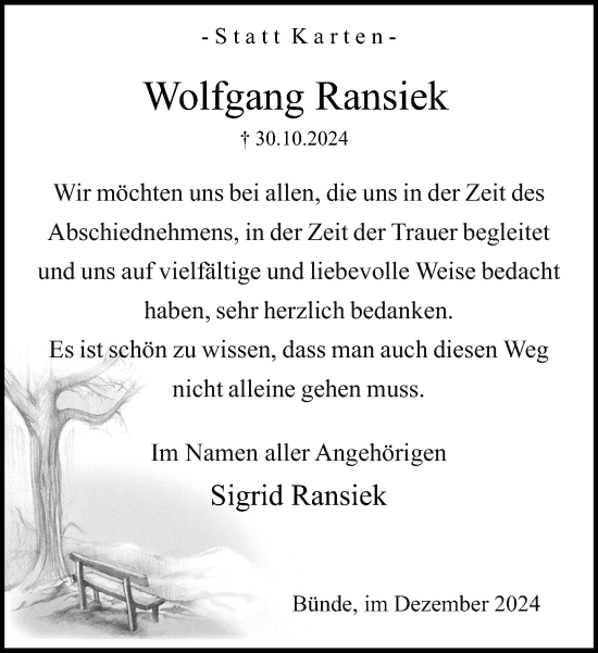 Traueranzeige von Wolfgang Ransiek von Neue Westfälische