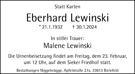 Traueranzeige von Eberhard Lewinski von Neue Westfälische