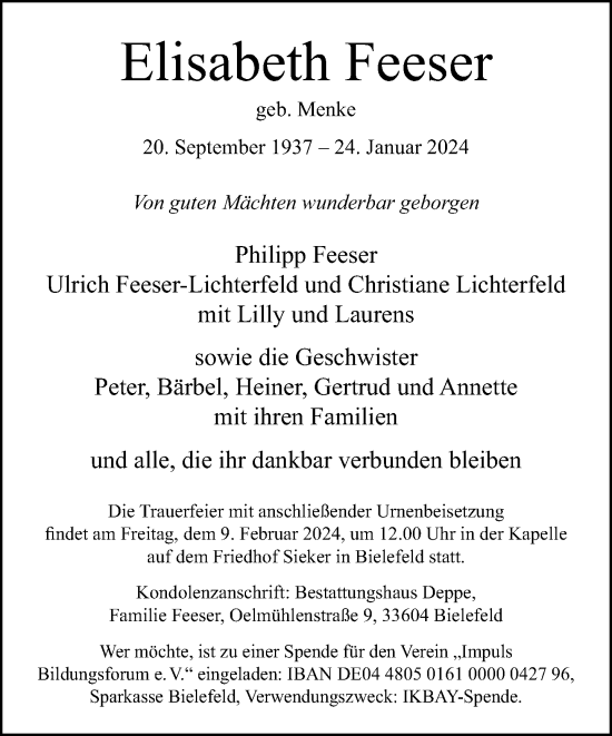 Traueranzeige von Elisabeth Feeser von Neue Westfälische